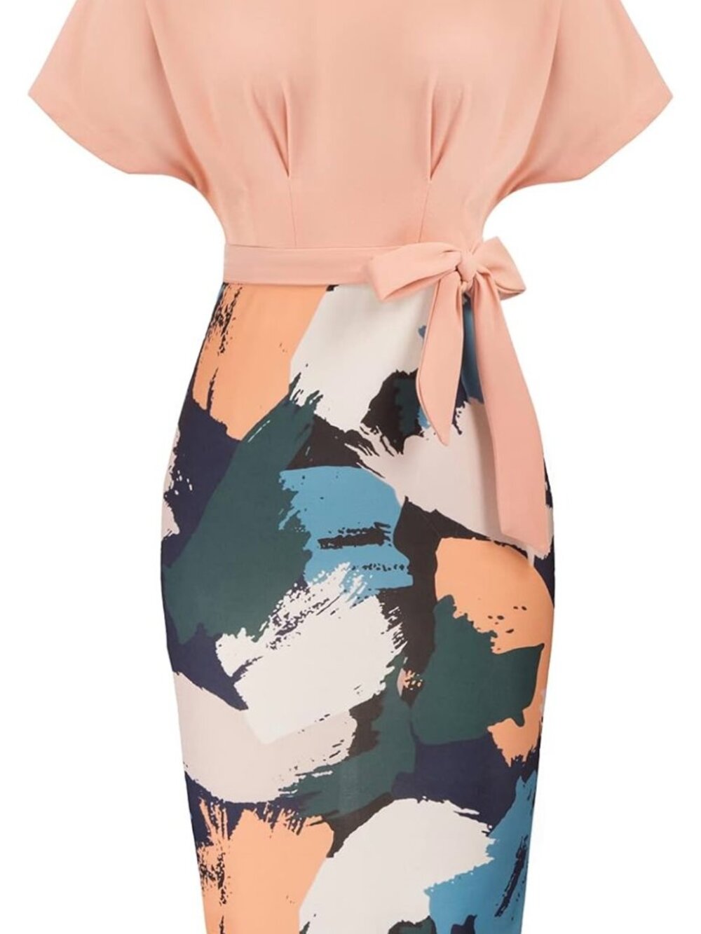 Peach Short-Sleeve Midi Dress with Abstract Brushstroke Skirt